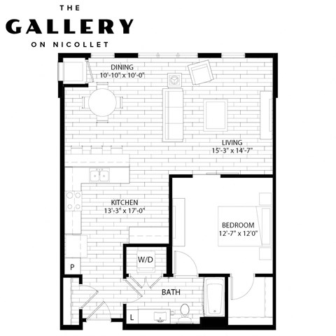 Floor plan for 1 bed, 1 bath, 933 sqft